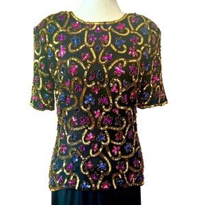 Stenay Vintage Silk Sequin Beaded Blouse Short Sleeve Dressy Women's Medium